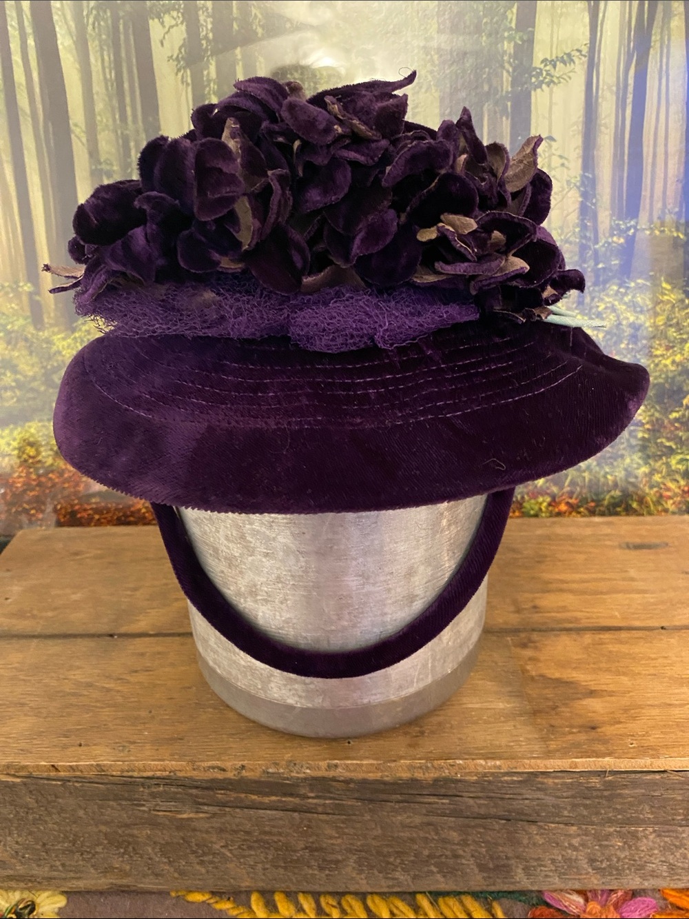Vintage Purple Velvet Flower Hat, Childs hat.  Normal wear, fabric in good shape